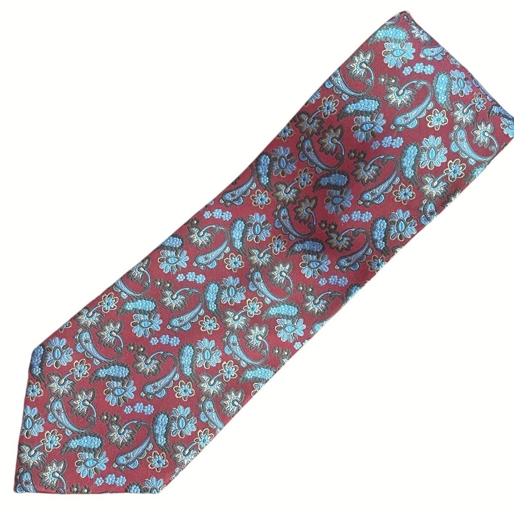 Ben Sherman Men's Neck Tie Geometric Paisley Red Gold Blue‎ 100% Silk 3.5"